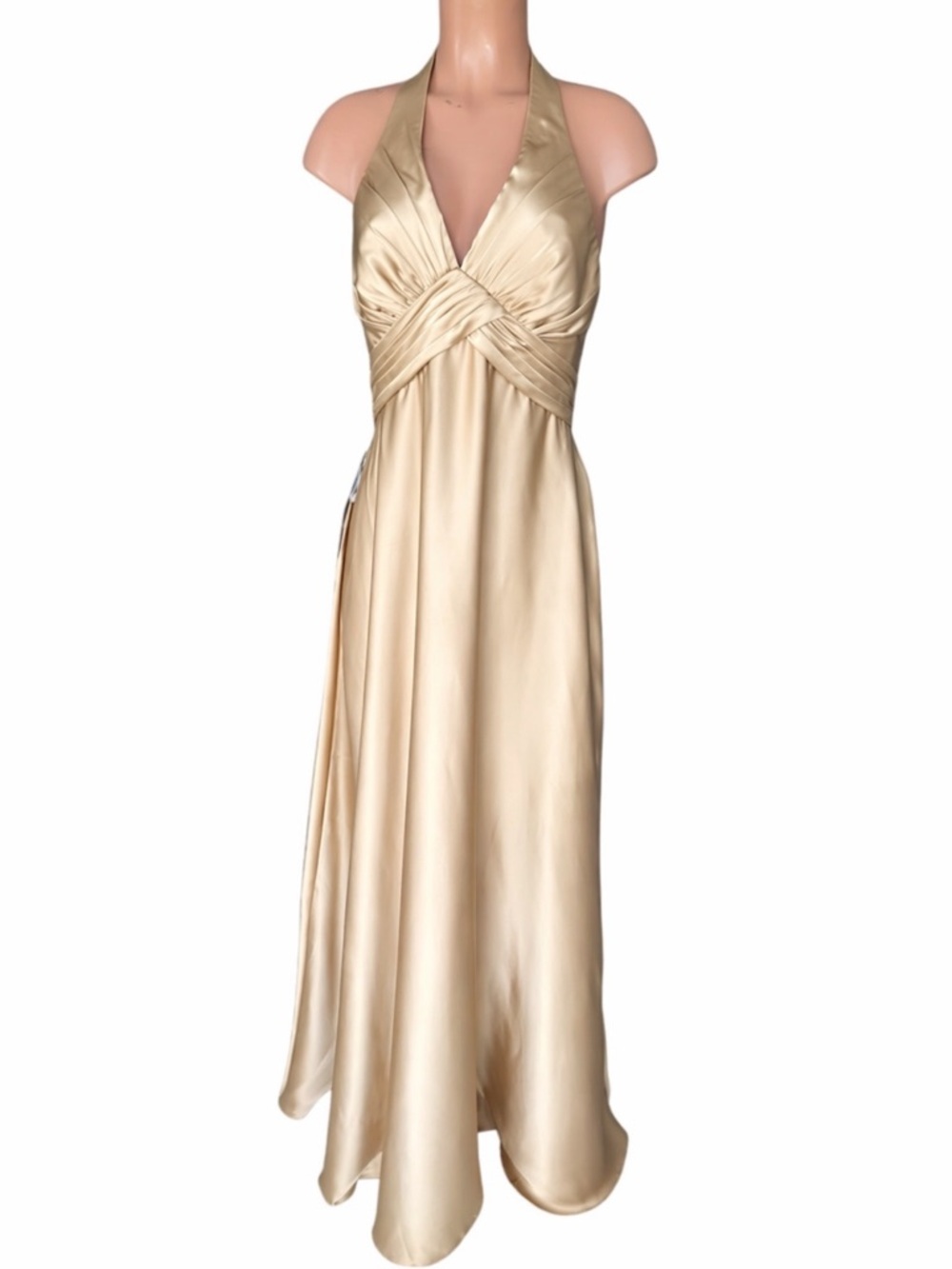 Azazie Tessie Champagne A-Line Halter Stretch Satin Maxi Dress Size A12 - Picture 2 of 10